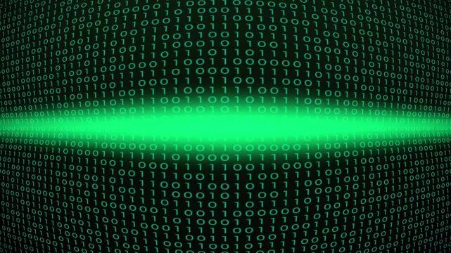 Curved fisheye view of green binary code with a glowing horizontal scan line. A high-tech surveillance or scanning concept visualization.