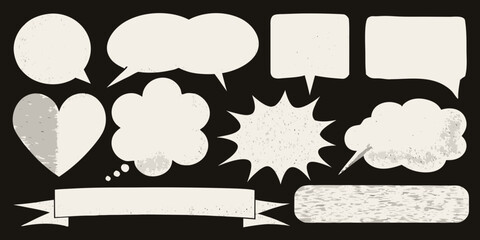 Obraz premium Collection of various white speech and thought bubbles on black background