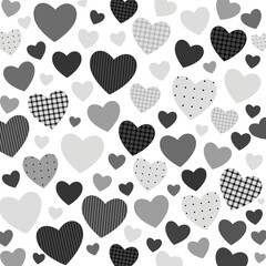 パッチワークハートのやさしいパターン背景（モノトーン）ー モノトーンで、チェックやストライプ、ドットを組み合わせた落ち着いたのハートパターン背景。デザインペーパー、ポストカード、ポスター、マスキングテープ、マスキングシールブックタイプ、フレークシール、ノートの表紙、ハンカチ、ミニタオル、マグカップ、キッチンクロス、ランチョンマット、キッチン雑貨、ボールペン、ペンケース、ポーチに最適。