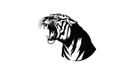 Fierce Tiger Head Roaring Aggressively Black and White Illustration. © malika