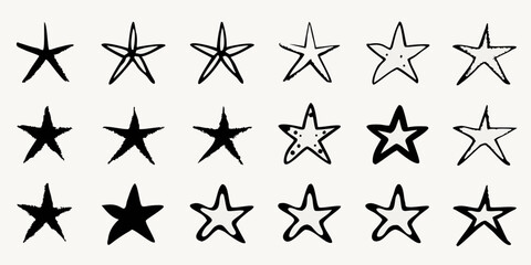 Fototapeta premium Collection of hand drawn black stars in various shapes and sizes