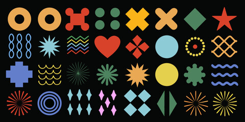 Fototapeta premium Colorful abstract shapes and patterns arranged on a black background
