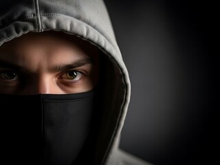 Naklejka premium Dramatic Close-up of a Man in a Hoodie and Face Mask. Generative Ai