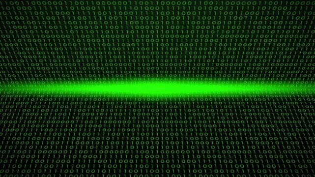 Green binary code with horizontal light beam. Matrix-style data flow for hacker themes, cyberpunk, digital security, and tech noir aesthetics. Features striking horizontal glow creating depth.