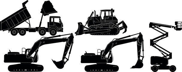 Heavy construction equipment silhouettes set featuring excavator bulldozer dump truck lift machines for industrial engineering vector illustration © Shafali
