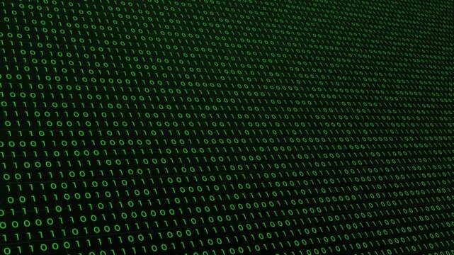 Abstract 3D rendering of a digital binary data stream flowing across a deep purple and violet gradient background. Ideal for cybersecurity, big data, and cloud computing concepts.