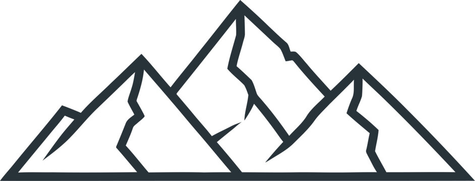 Simple black and white illustration of a mountain range on a plain background
