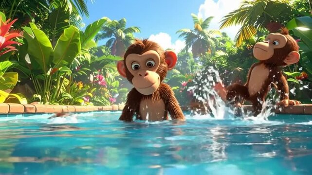 A group of animated monkeys enjoying a refreshing swim in a pool surrounded by lush tropical plants.