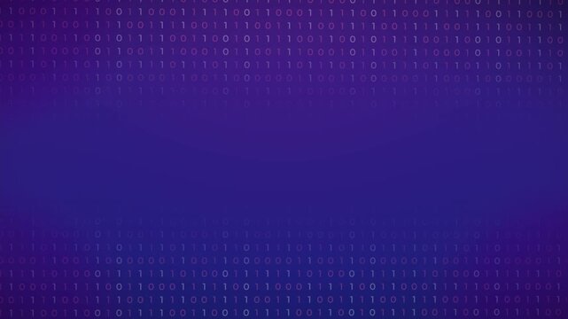Abstract 3D rendering of a digital binary data stream flowing across a deep purple and violet gradient background. Ideal for cybersecurity, big data, and cloud computing concepts.