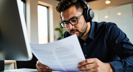 Obraz premium Young man with headphones reading document in modern office environment.