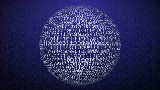 A conceptual 3D sphere composed of white binary code rotating against a dark blue digital background. Symbolizes global data, world wide web, and artificial intelligence.