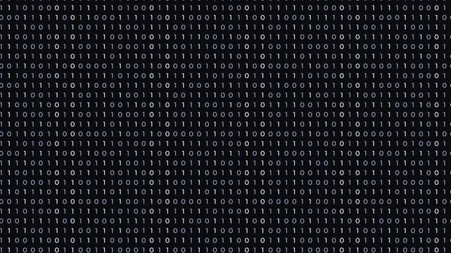 Abstract white binary code flowing on black background. Matrix-style data stream for technology, programming, cybersecurity concepts. Perfect for tech presentations and corporate content. 