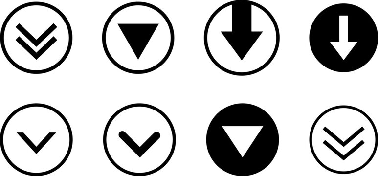 Swipe down icon. Arrow down button symbol. Swipe down icons set for social media stories. Scroll Down Icon Vector, Sign and Symbol Design Elements for Website or Apps, Presentation, UX UI.