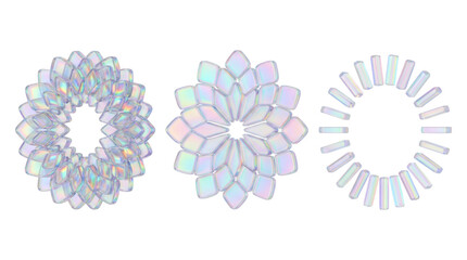 Set of abstract floral geometric mandala variations in iridescent holographic glass style