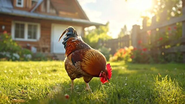 A vibrant rooster struts proudly across a lush green lawn in front of a wooden house.