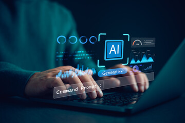 A Person typing AI command prompt on laptop with data dashboard analytics interface, artificial...
