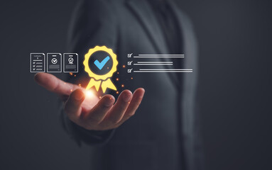 Naklejka premium Business professional presenting quality certification badge approval checklist, representing quality assurance, compliance standards, verification process, audit control, trust, business validation.
