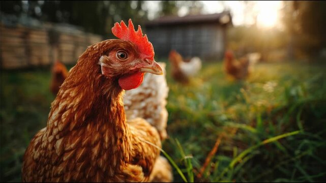 A close-up of a brown hen with a red comb in a grassy field. Other chickens are visible in the background near a wooden structure. The scene is illuminated by warm sunlight.