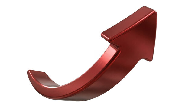 Curved metallic arrow in brushed red chrome style. 3D render of upward growth and progress icon.