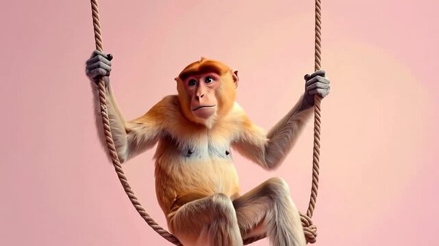 A playful proboscis monkey swinging on a rope against a soft pink background, enjoying the moment.