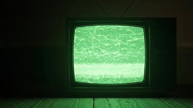 Retro CRT Television Screen Glowing Green in Dark Room with Copy Space