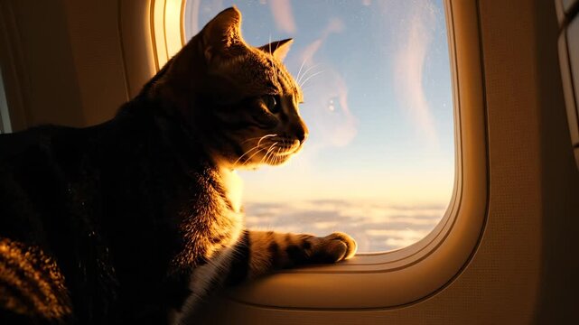 Cat looks out airplane window at clouds. Tabby cat watching sky during flight. Pet travel concept with cat on plane. Sunset light hits cat face near window. Animal enjoying airplane journey.