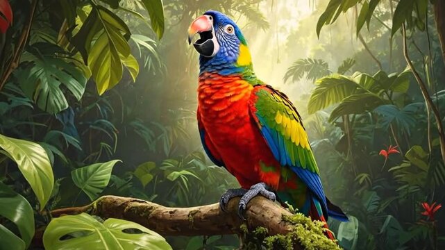 A vibrant parrot perched on a branch in a lush, tropical rainforest, surrounded by green foliage.