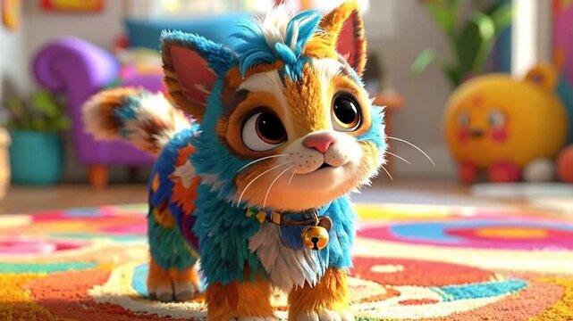 A vibrant and colorful cartoon kitten with big eyes, standing on a patterned rug in a cozy room.