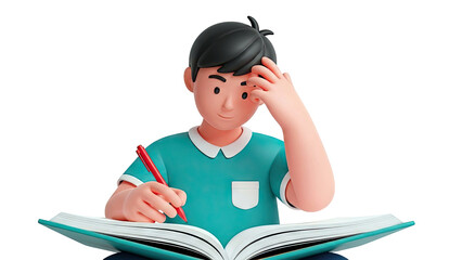 3D Cartoon Boy Writing in Book with Pen