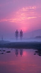 Fototapeta premium Human figures walking toward giant silhouettes under a vibrant purple sunset sky