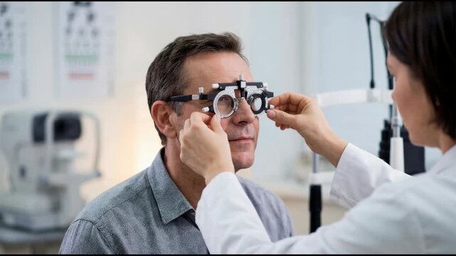 A middle-aged Caucasian man with short brown hair is undergoing an eye examination. A female optometrist adjusts testing glasses on him in a clinical setting.