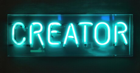 Obraz premium Bright turquoise neon sign spells CREATOR against dark background. Simple rectangular shape, glowing letters, modern aesthetic.