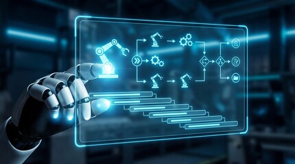 Robotic arm control interface modern factory digital technology interactive environment closeup viewpoint automation concept