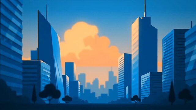Abstract cityscape illustration with buildings and orange sky at dawn