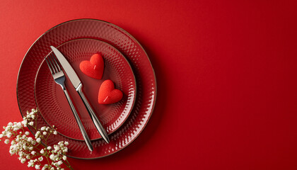 Romantic Valentine table setting with red plates, silverware, and delicate flowers against a...