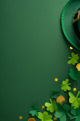 Naklejka premium A vertical vibrant St Patrick’s Day themed scene featuring a green hat, shamrock leaves, and scattered gold coins on a rich green background, conveying luck, celebration, and Irish festivity