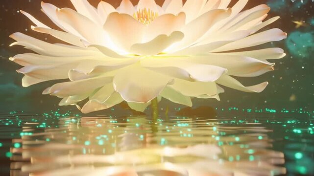 4K cinematic video, colossal bioluminescent flower rising calm reflective water twilight, petals slowly opening, glowing pollen drifting water, shimmering reflection bioluminescent algae fireflies