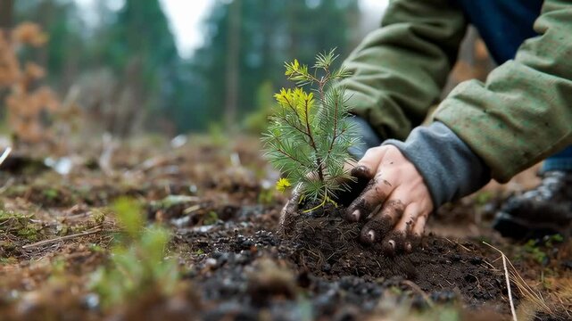 Hands planting a young tree seedling in forest soil show reforestation and environmental care