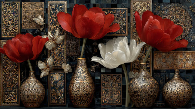 modern ottoman motifs with tulip style floral collage seamless on checks or grunge background 