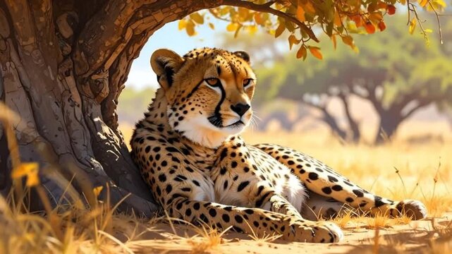 A majestic cheetah resting under the shade of a tree in its natural habitat, observing.