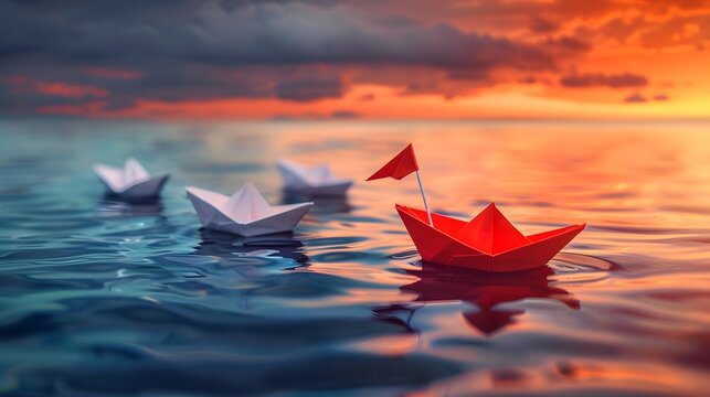 Papierboote treiben auf dem Meer bei dramatischem Sonnenuntergang
