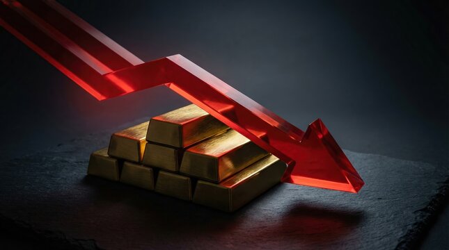 Gold bars struck by sharp red downward arrow on dark surface with copy space, symbolizing rapid precious metal price decline and commodity market crash concept.