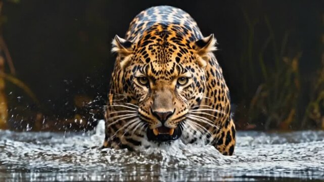 A majestic leopard charges through the water, showcasing its power and agility in a natural environment.