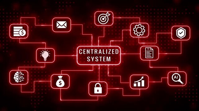 A vibrant red digital network diagram depicting a centralized system with interconnected for finance, communication, strategy, operations, and technology, set against a dark, dotted background