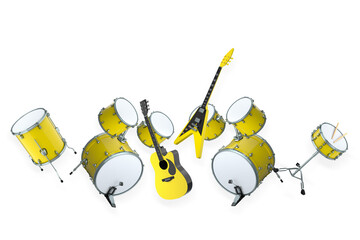 Fototapeta premium Set of electric acoustic guitars and drums with cymbals on white background