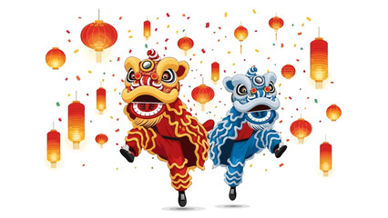 Illustration of lion dance performers in red and blue costumes with lanterns and fireworks for a vibrant Cultural festival scene. © Jangkrik