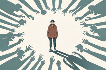 Person isolation bullying anxiety shadow hand pressure calm lone figure in hoodie surrounded by reaching silhouettes concept for social stress harassment mental health resilience