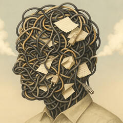 Surreal illustration human head cable wire tangle paper plug technology, portrait formed from tangled cord and note, showing mental overload, data chaos, digital stress against cloudy sky