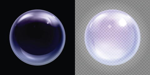 Set of realistic transparent blue and purple soap bubbles with reflection on dark and checkered background