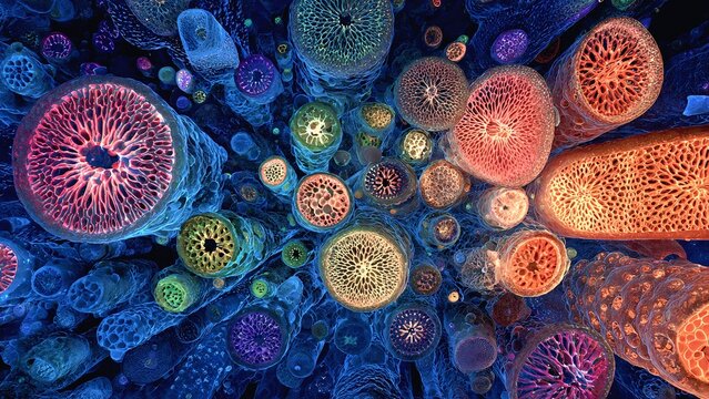 Microscopic Fantasy Xylem Cells Digital Art with Tubular Structures and Vibrant Colorstraditional turkish carpet